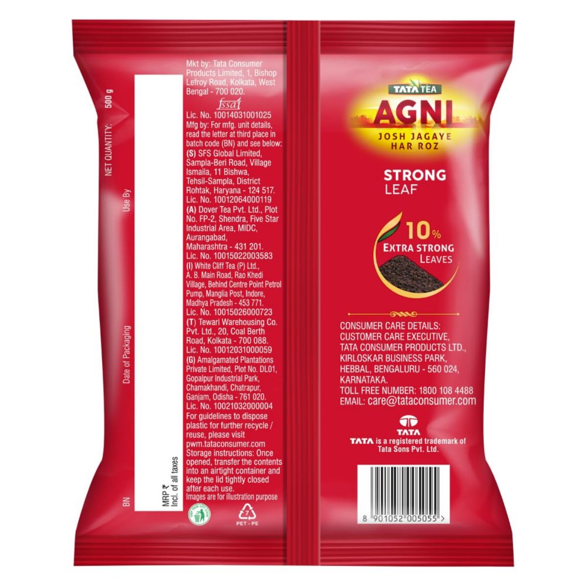 TATA TEA AGNI , Strong Chai With 10% Extra Strong Leaves, Black Tea,500 Gram