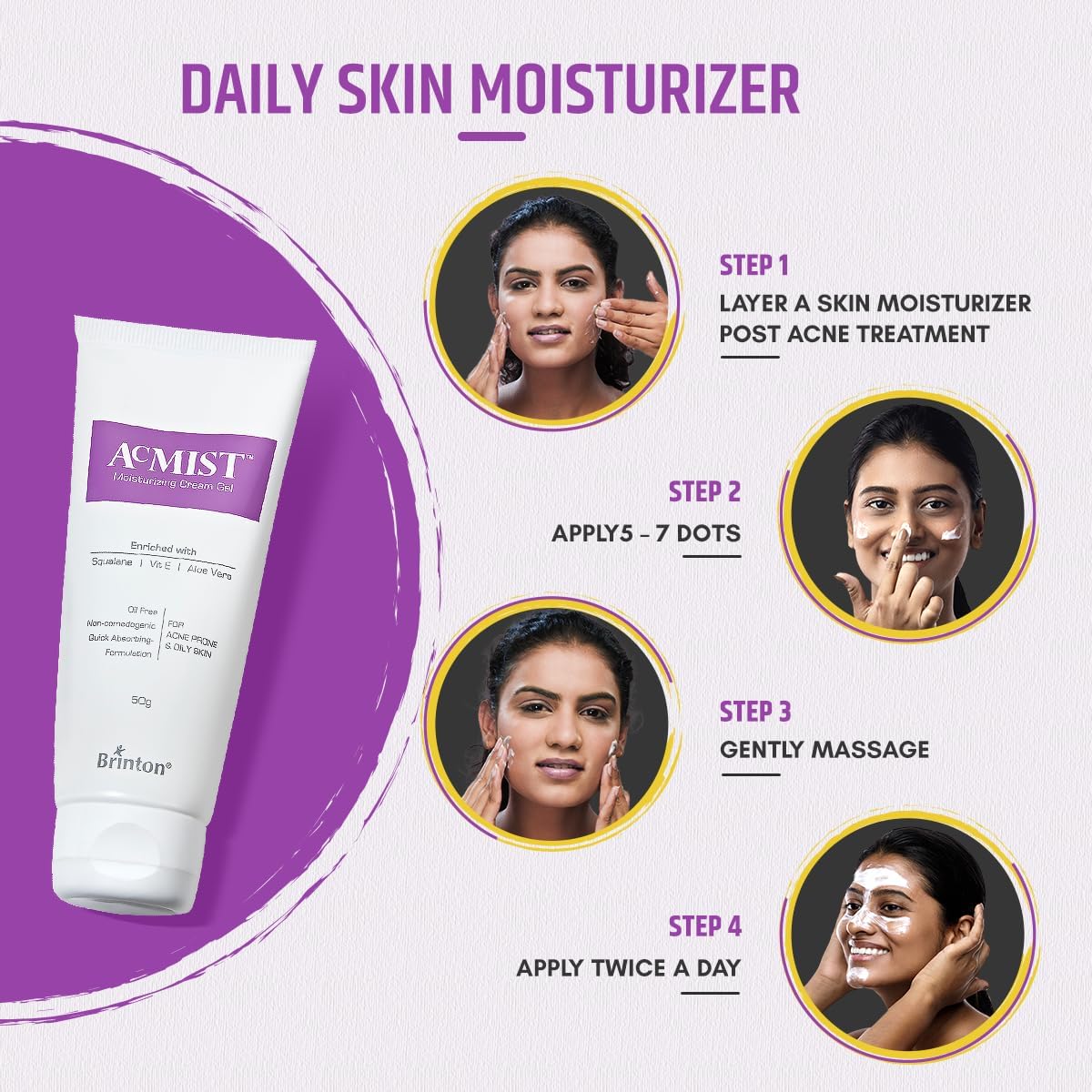 Brinton AcMist Vitamin E & Aloe Vera Based Moisturizing Cream Gel for Acne Prone and Oily Skin | Oil Free, Quick Absorbing & Lightweight | 50 g x Pack of 4