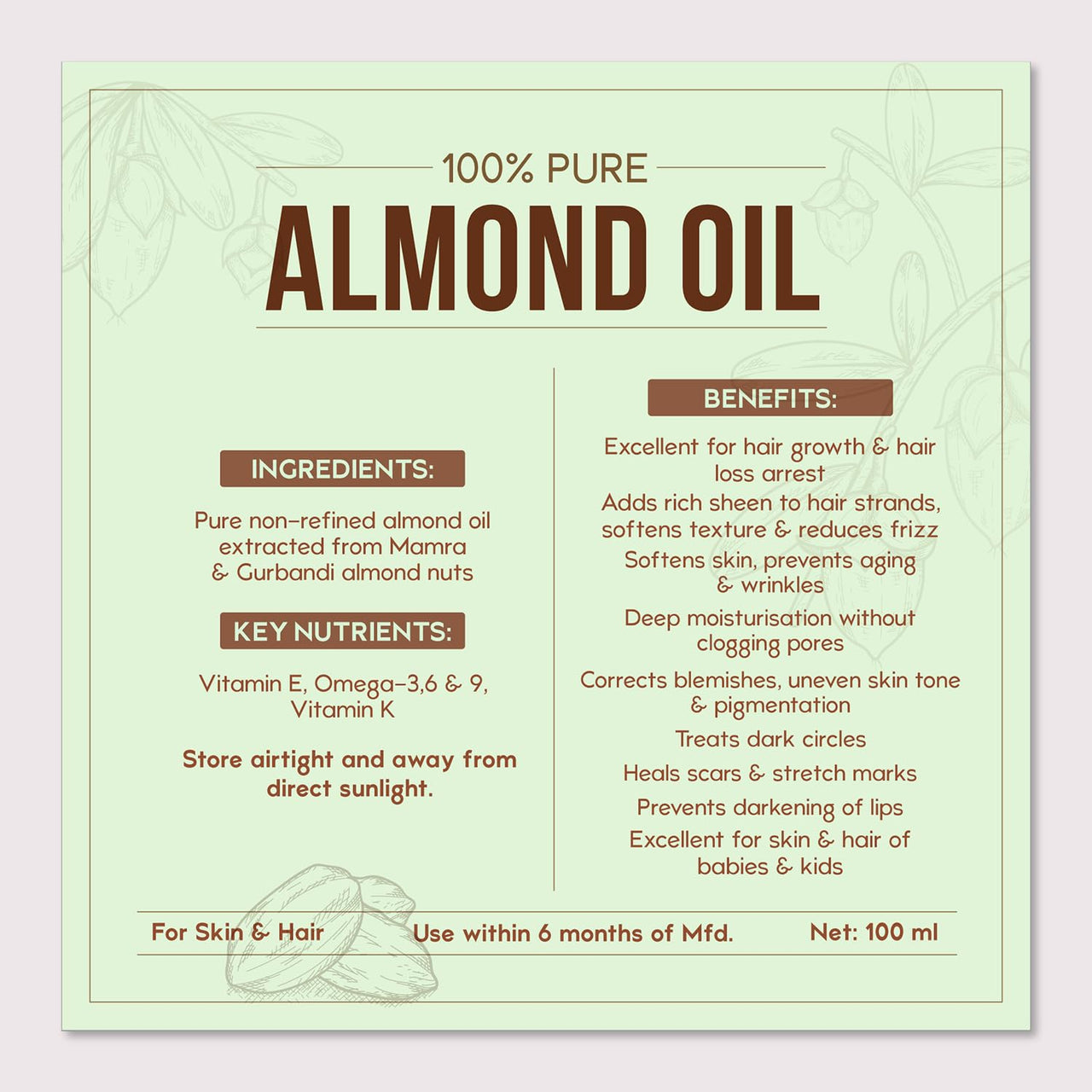 Nat Habit 100% Pure Almond Oil (Rogan Badam), For Skin & Hair, Non-Refined, Chemical Free & Preservative Free - 100 ml