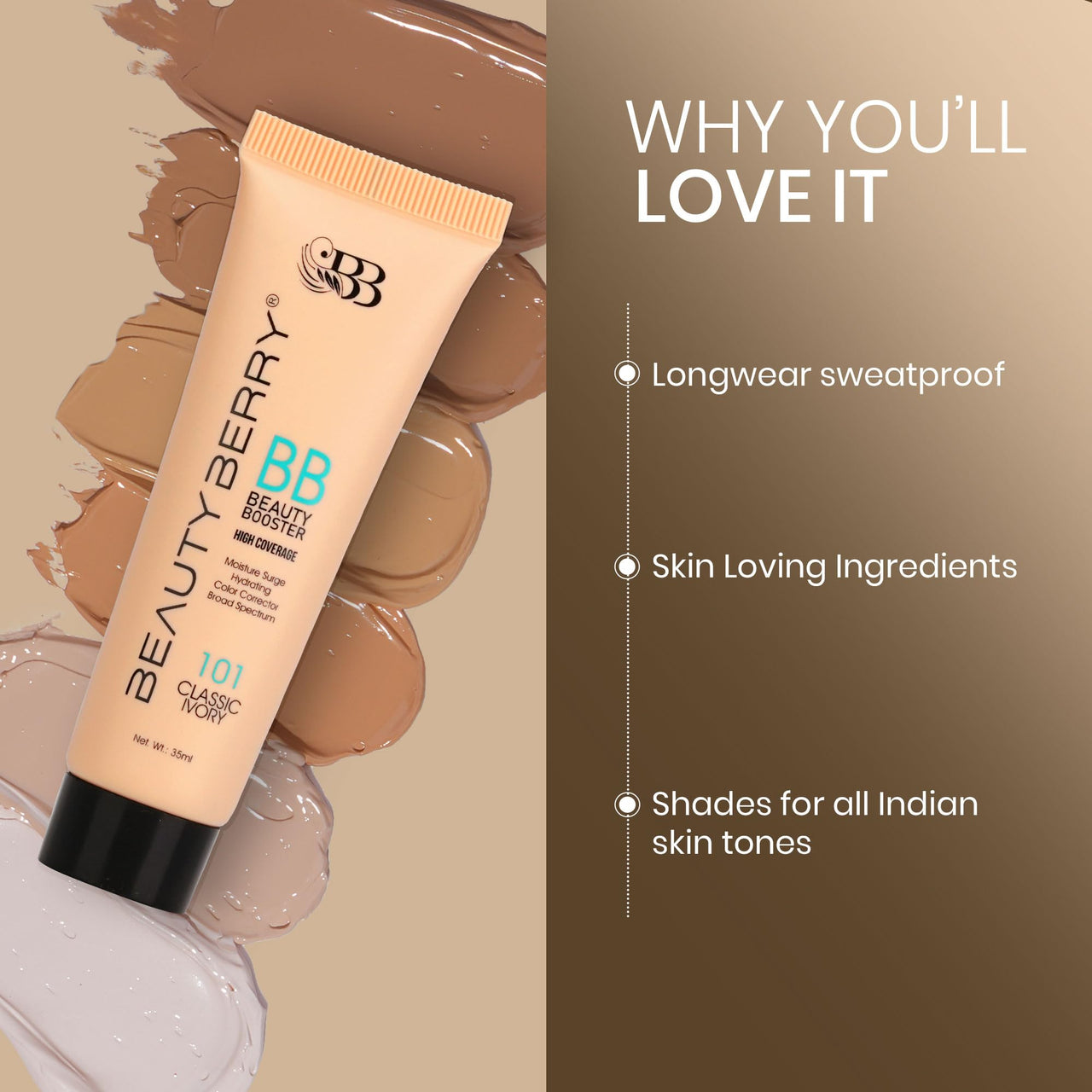 Beauty Berry Beauty Booster High Coverage Foundation | Lightweight Natural Finish | Easily Blendable | Long Lasting Liquid Foundation for Women (Classic Ivory, 35ml)