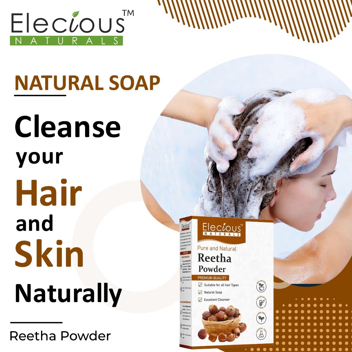 Elecious Pure Reetha Powder for Hair (200 Grams) | Ideal for Hair, Face and Skin | Soapnut powder | 100% Pure and Natural, No Chemcial, No Preservative.