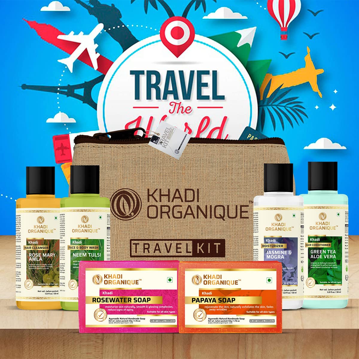 khadi Organique Grooming Travel Kit Men & Women (2 Soap X 50gm each, 1 Shampoo 30ml,1 Conditioner 30ml, 1 Moisturiser 30ml, 1 Face Wash 30ml) 6 pcs in Set (Travell Kit Pack of 1))
