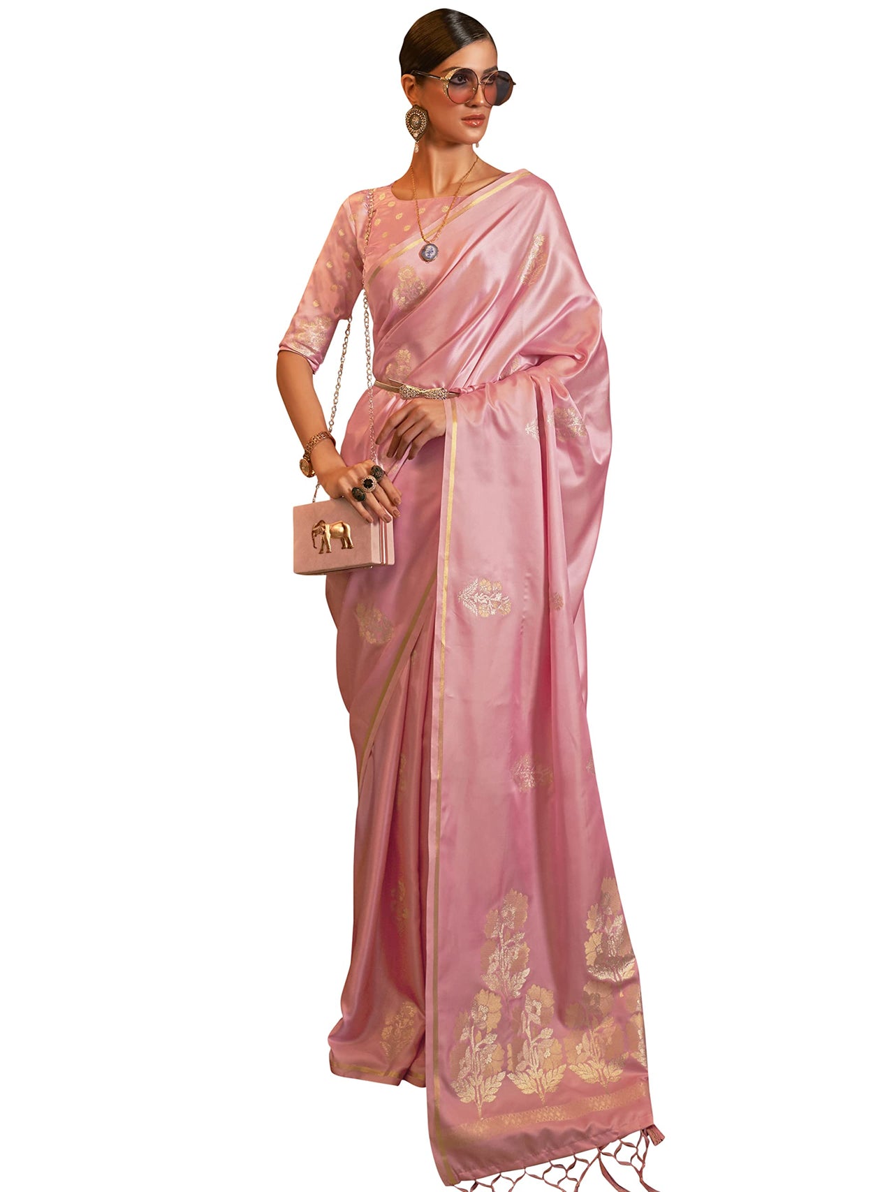 AKHILAM Women's  Banarasi Pure Silk Floral Golden Zari Work Woven Design Border Saree with Unstitched Blouse Piece(KSBLE2240_Parent)