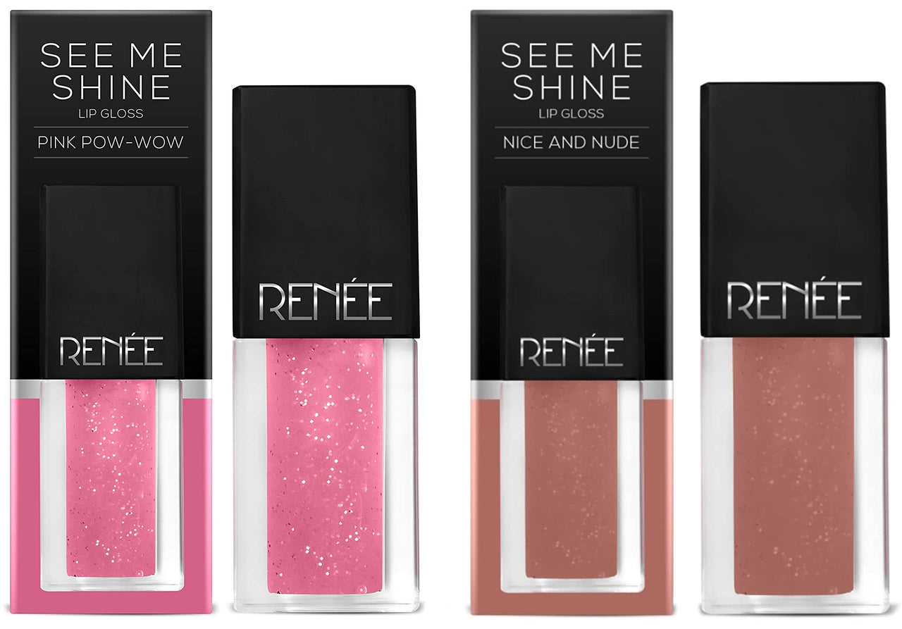 RENEE See Me Shine Lip Glossy For All Skin Tone, Enriched With Jojoba Oil, Non Sticky, Hydrating, Easy Glide Formula, Pink Pow-Wow 2.5Ml & See Me Shine Lip Glossy - Nice And Nude, 2.5Ml