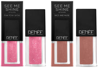 RENEE See Me Shine Lip Glossy For All Skin Tone, Enriched With Jojoba Oil, Non Sticky, Hydrating, Easy Glide Formula, Pink Pow-Wow 2.5Ml & See Me Shine Lip Glossy - Nice And Nude, 2.5Ml
