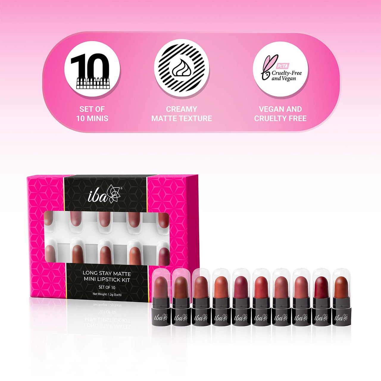 Iba Long Stay Creamy Matte Micro Mini Lipstick Kit | Bullet Matte Lipstick Set | Highly Pigmented and Long Lasting | Hydrating & Moisturizing Mini Lipsticks Set for Women | Mini Lipstick Combo Pack | (Set of 10) 12 g (1.2 g Each)