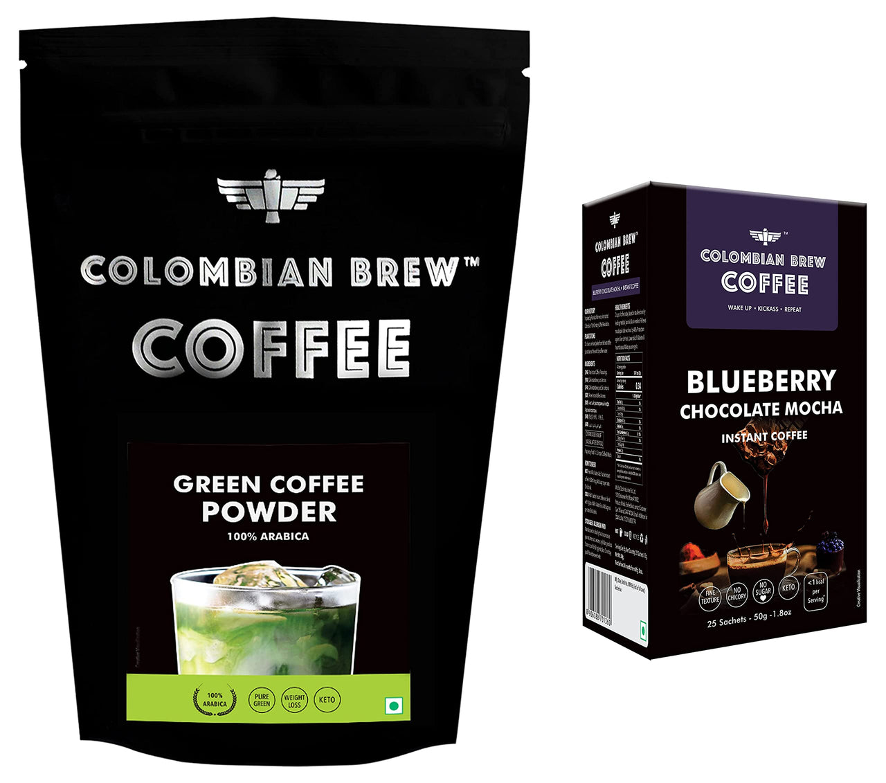 Colombian Brew Coffee, 100% Arabica Green Coffee Powder 200g & Colombian Brew Blueberry Chocolate Mocha Instant Coffee, No Sugar Vegan, 50g