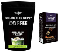 Colombian Brew Coffee, 100% Arabica Green Coffee Powder 200g & Colombian Brew Blueberry Chocolate Mocha Instant Coffee, No Sugar Vegan, 50g