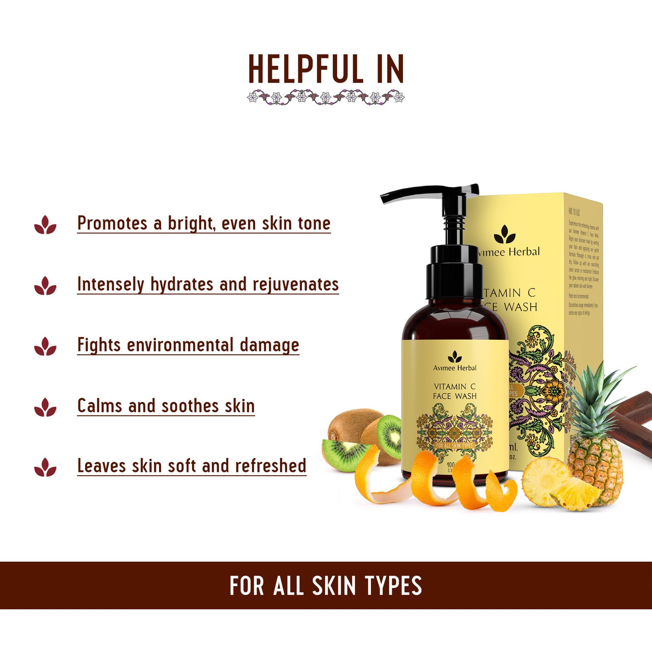 Avimee Herbal Vitamin C Face Wash for Women & Men | For Acne-Prone, Dry, Dull & Oily Skin, Illuminates Skin | Sulphate Free | 100 ml