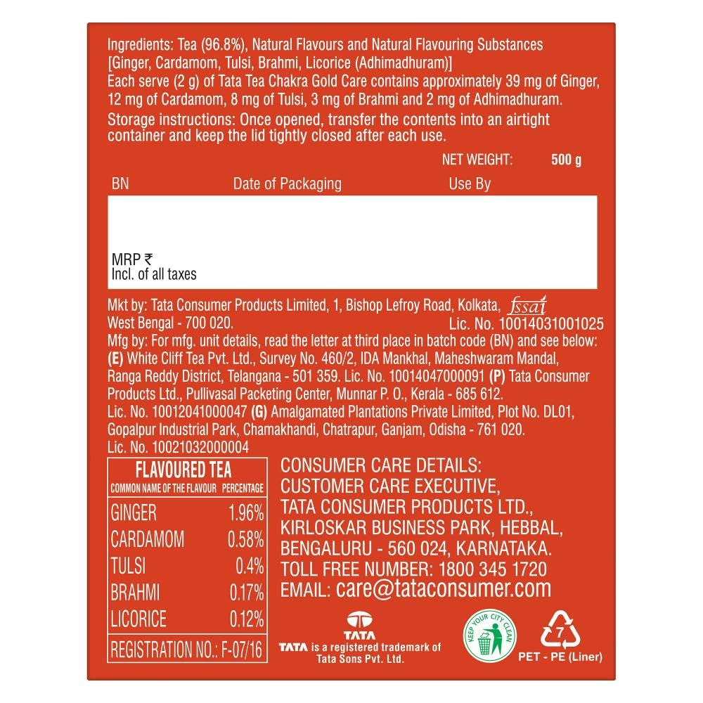 Tata Tea Chakra Gold Care | Goodness Of Five Natural Ingredients | Brahmi, Ginger, Tulsi, Elaichi & Adhimadhuram | Flavoured Black Tea | Powder, 500 Grams