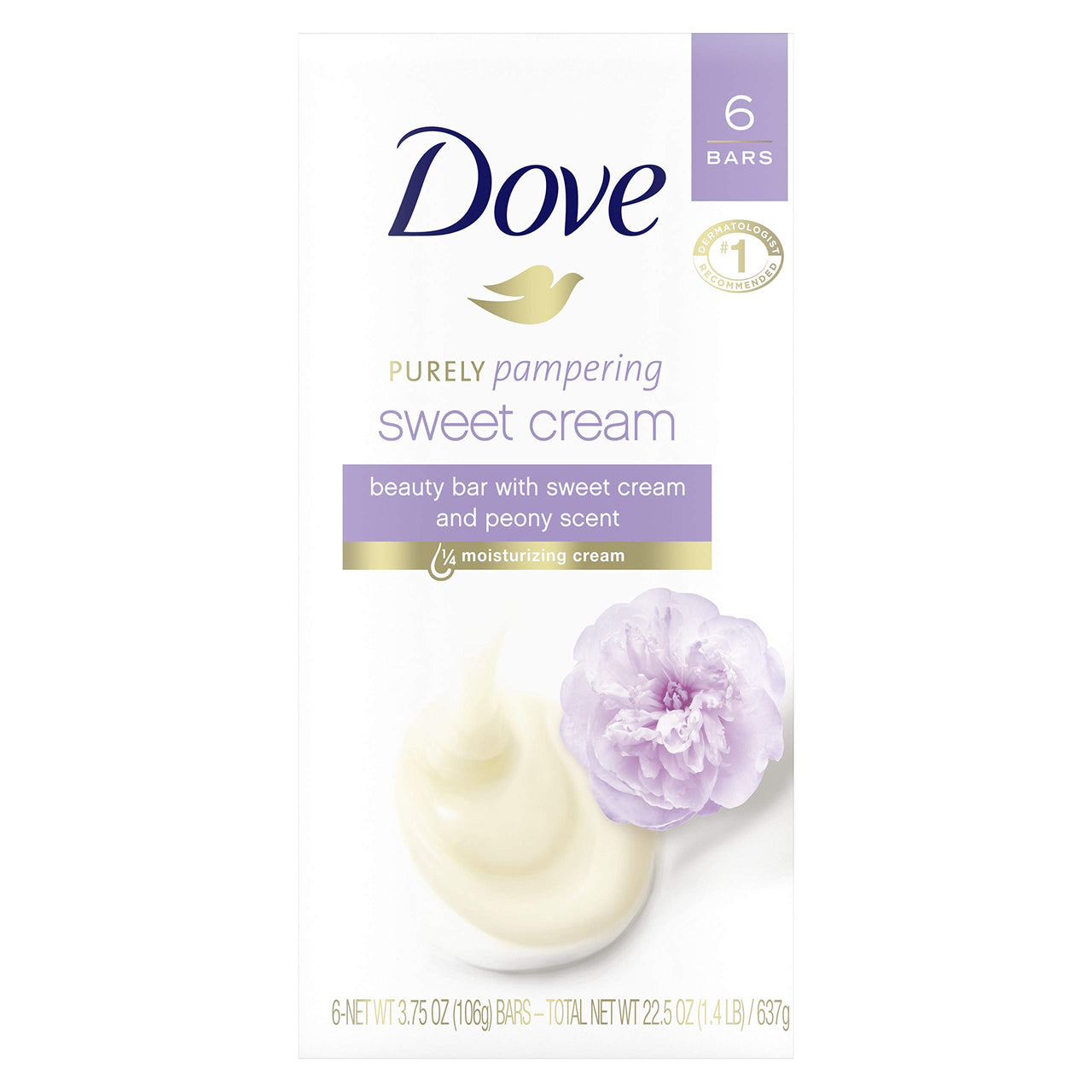 Dove Purely Pampering Beauty Bar for Softer Skin Sweet Cream & Peony More Moisturizing Than Bar Soap 3.75 oz 6 Bars