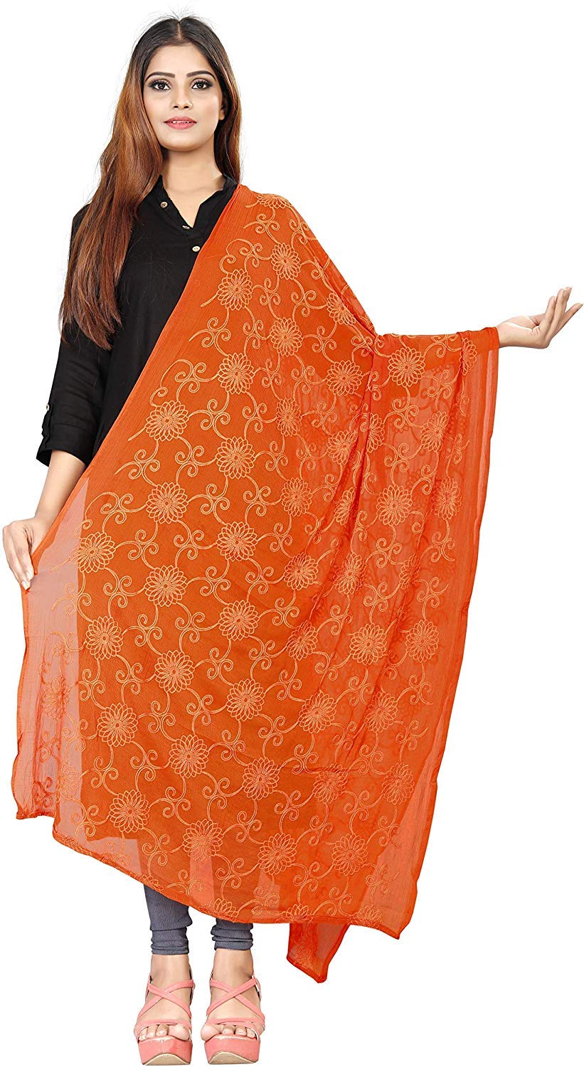 AKSHAR LLC Women's  Designer Pure Chiffon Dupatta with Pure Cotton Thread Embroidery Work