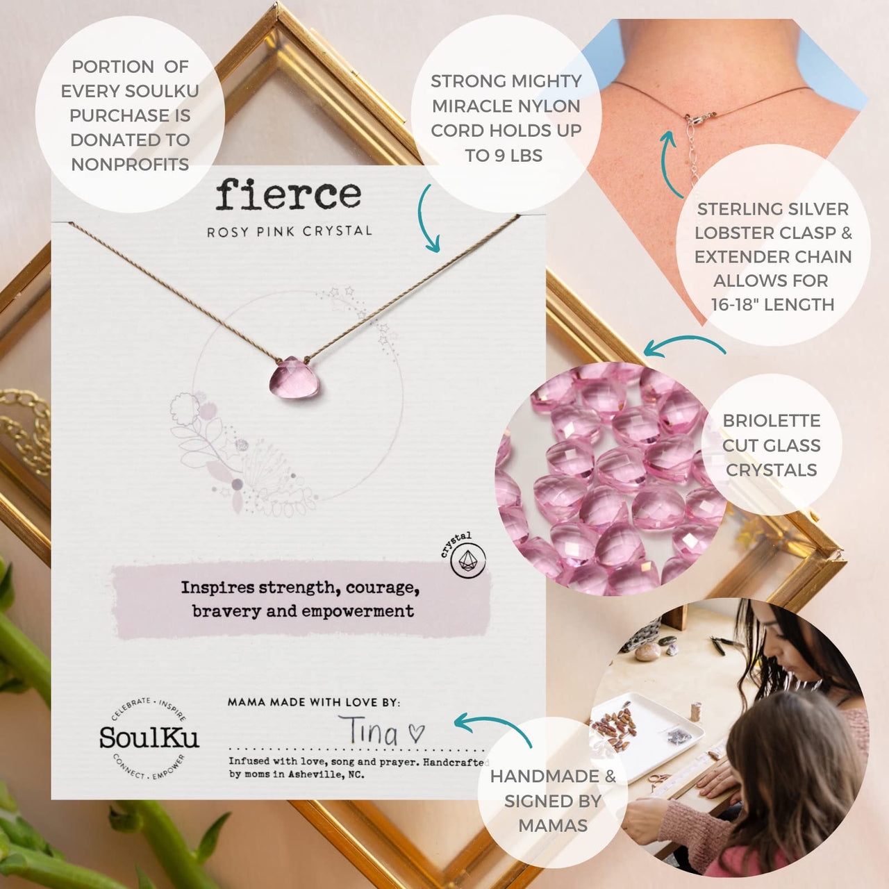 SoulKu Soul Shine Handmade Necklace, Empowering Jewelry With Healing Crystal, Inspirational Jewelry For Women, Mom & Sister, 2"" Extender With Lobster Clasp, 16"" Nylon Cord (Rosy Pink, Fierce) Rosy Pink