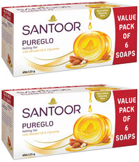 Santoor PureGlo Glycerine Bath Soap with Almond Oil for moisturized, nourished and shining Skin, Combo Offer 125g Pack of 12