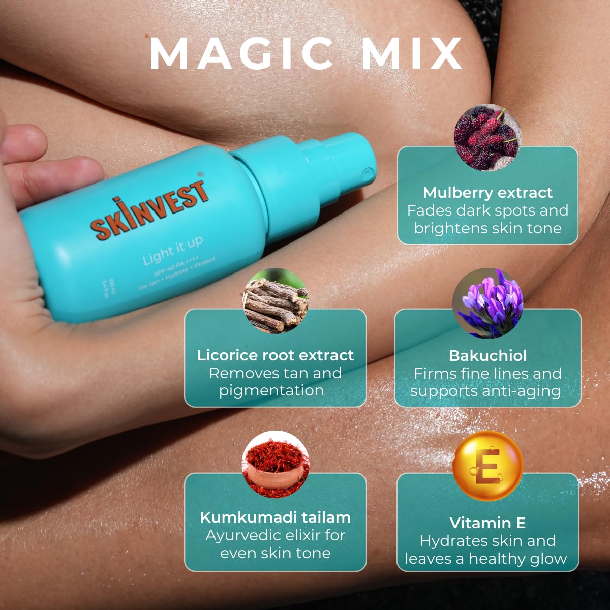 Skinvest Light it up Sunscreen body spray - SPF 40 PA ++++ 100ml | with Kumkumadi Tailam | De-tans & Hydrates | Brightens Skin Tone | Removes Pigmentation | For All Skin Types | No white cast | No alcohol | Dermatologist Tested