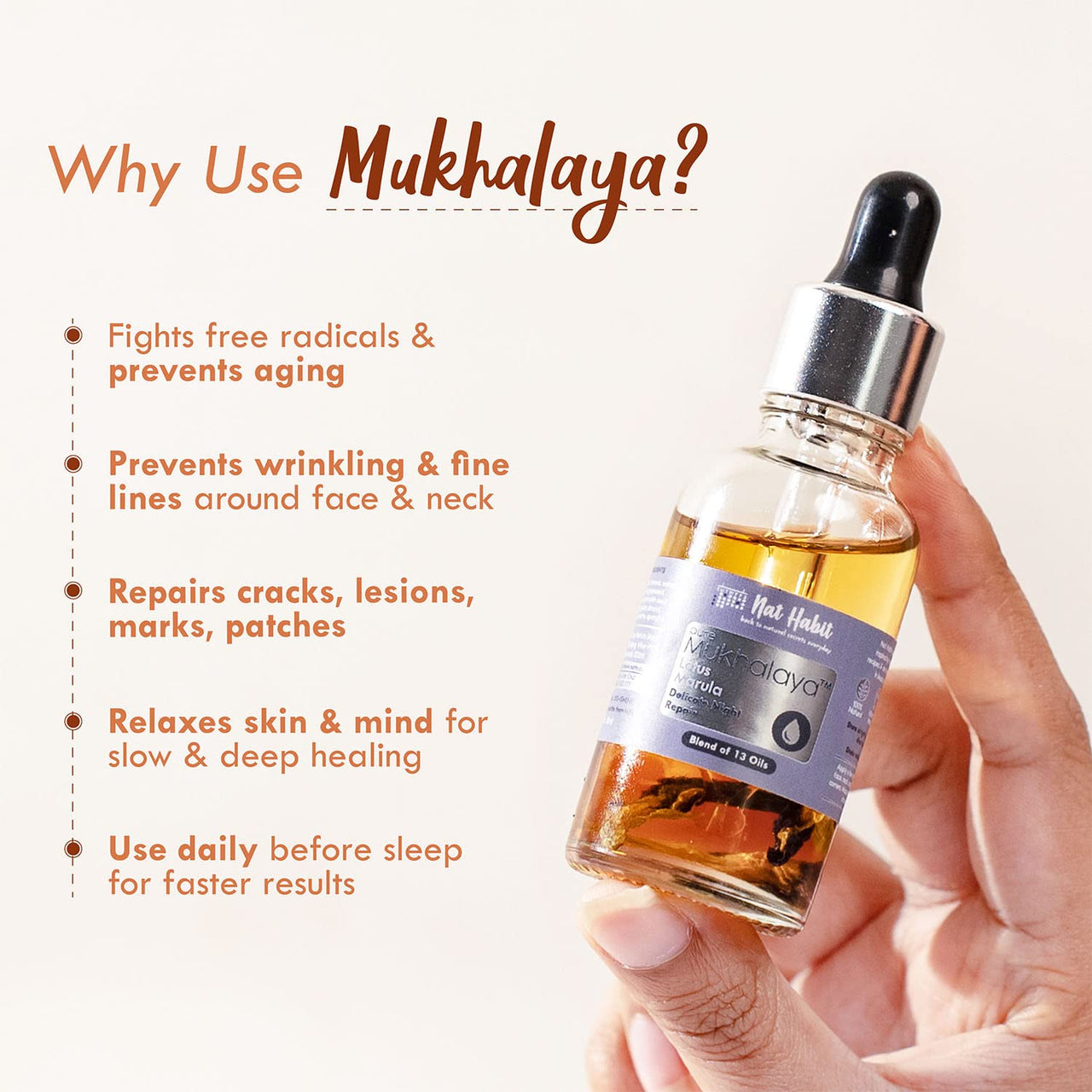 Nat Habit Lotus Marula Mukhalaya, Face Oil For Slow, Relaxed Night Healing & Repair, with Blend of 13 Cold Pressed Oils For Natural Face Care, No Mineral oil or Chemical (30ml)