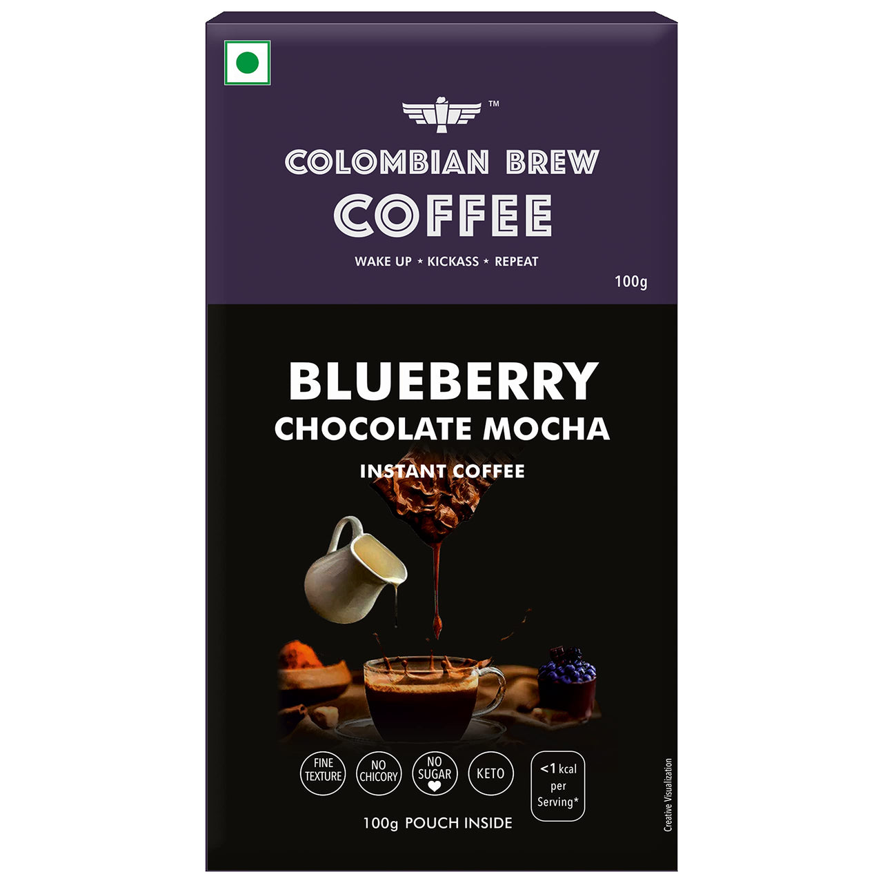 COLOMBIAN BREW COFFEE Blueberry Chocolate Mocha Instant Coffee Powder Box, No Sugar Vegan, 100 Grams