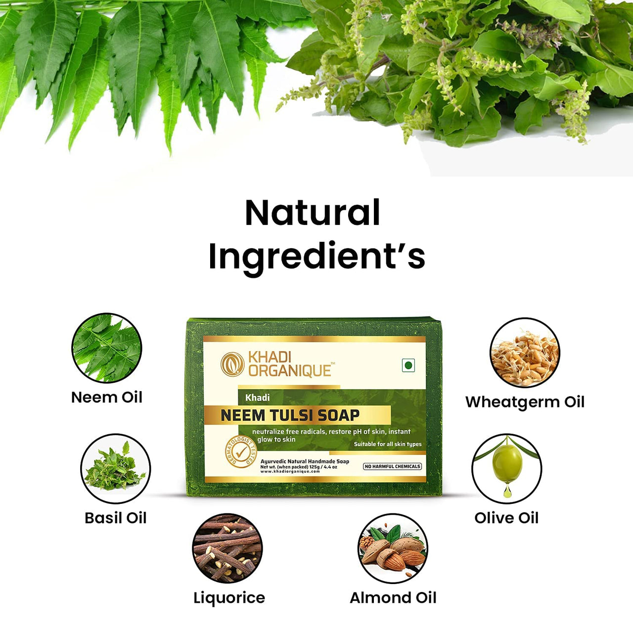 Khadi Organique Natural Herbal Neem & Tulsi Soap Pack of 4