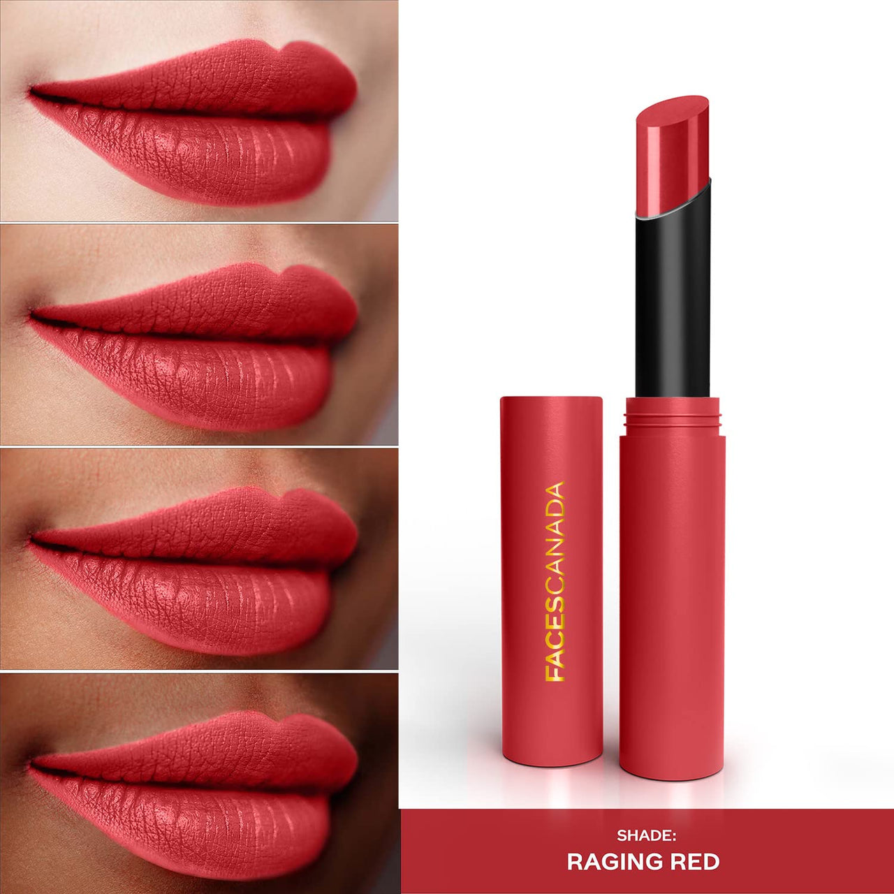 FACESCANADA Long Stay 3-in-1 Matte Lipstick - Raging Red 10, 2g | 8HR Longstay | Transfer Proof | Moisturizing | Chamomile & Shea Butter | Primer-Infused | Lightweight | Intense Color Payoff