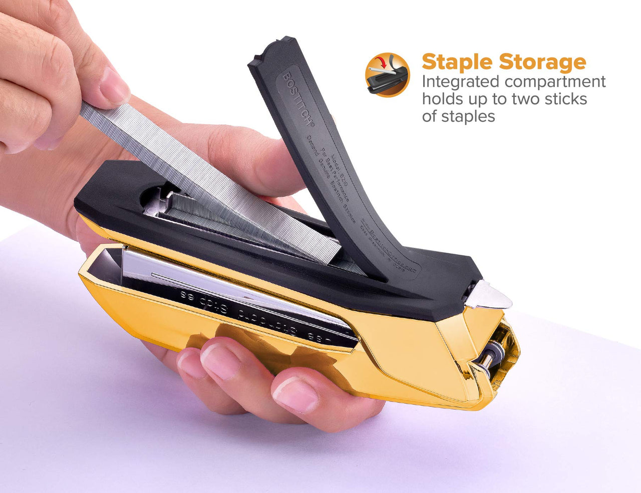 Bostitch Office Ascend 3 in 1 Stapler Integrated Remover & Staple Storage, 420 Staples Included, 20 Sheet Capacity, Lightweight, Gold Chrome