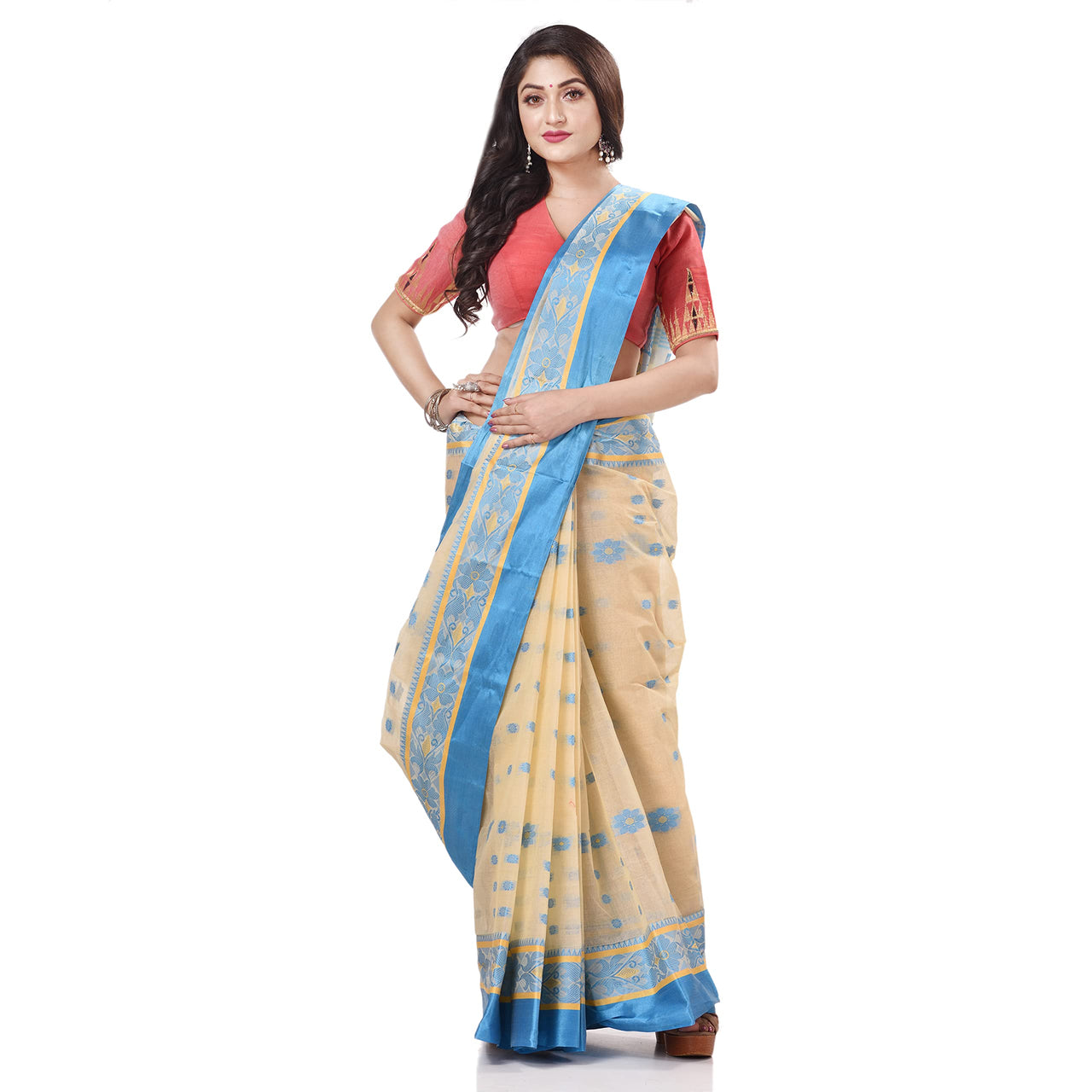 dB DESH BIDESH Women`s Traditional Bengal Phulkoli Woven Design Pure Handloom Cotton Saree Without Blouse Piece White Red