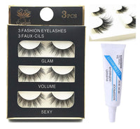 HUDA GIRL Eye Lashes for Women - Black Handmade Natural Thick Long Polyester, 3 Pairs False Eyelashes with Eyelash Glue - Empathetic Reusable Extensions for Womens, Girls - Eyelash with glue Set