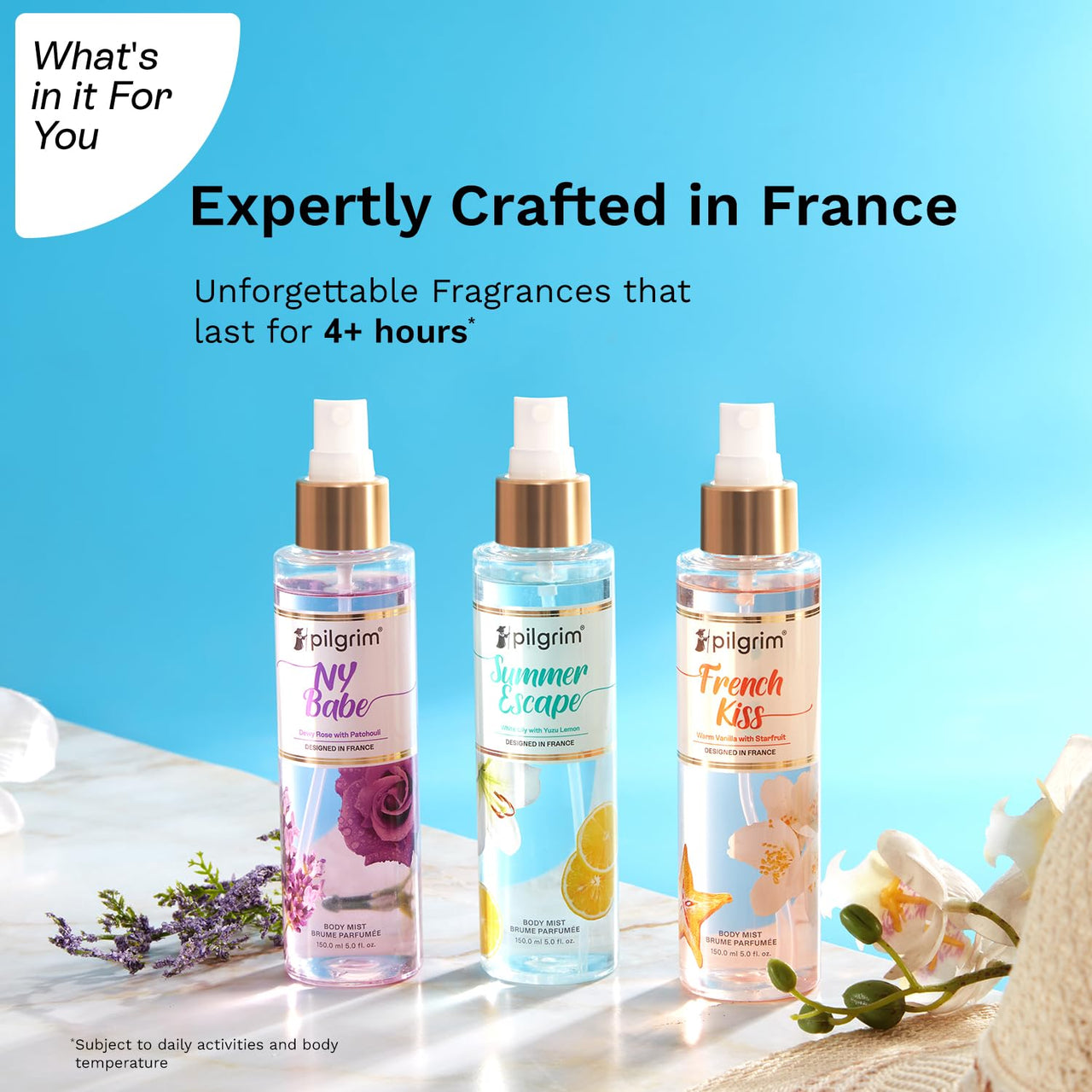 Pilgrim Set The Vibe Body Mist Collection (Vanilla, Patchouli, Lemon) | Body Mist for women long lasting | Body Spray for Women | Perfume Gift set for women | Designed in France | 150 ml