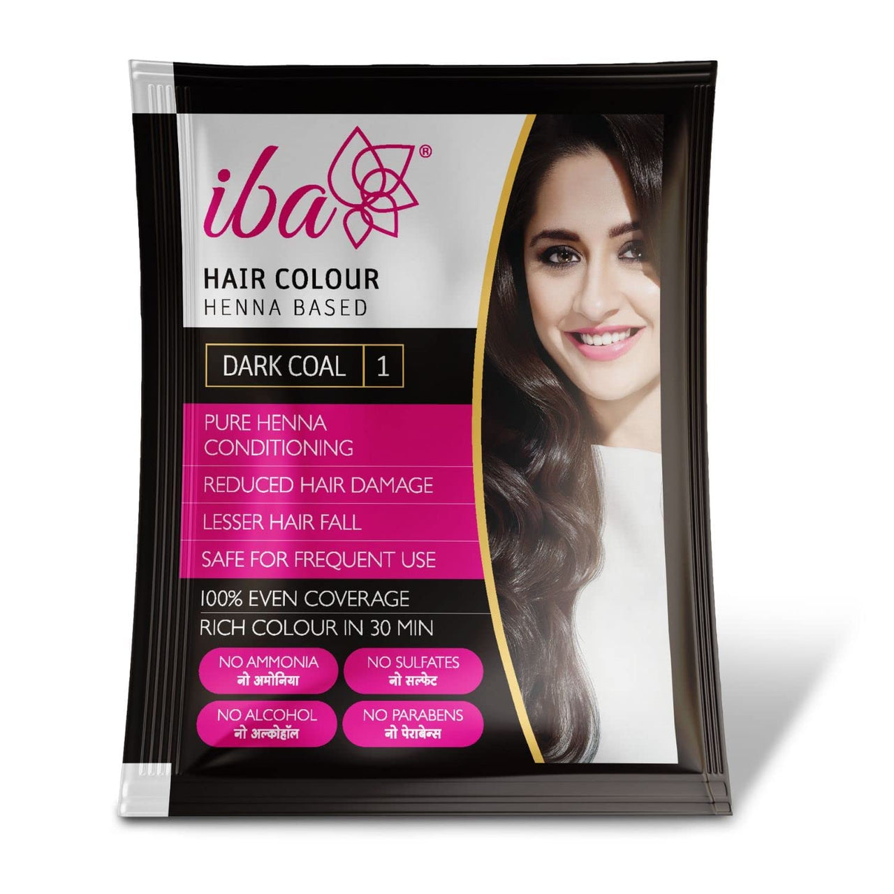 Iba Hair Colour for Women - Dark Coal, 70g | 100% Pure Henna Based Powder Sachet | Natural Hair Colour & Long Lasting with Conditioning Formula | Reduced Hair Fall & Hair Damage | Shine & Nourish Hair | Free from Ammonia and Other Harmful Chemicals | Herb