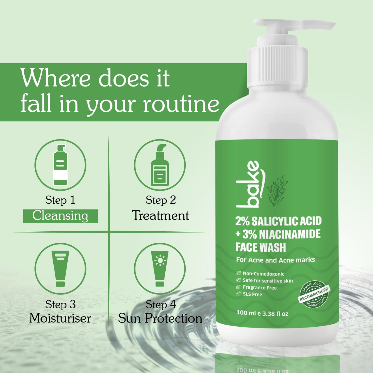 BAKE 2% Salicylic Acid & 3% Niacinamide Face Wash for Oily Acne Prone Skin | Treats Active Acne & Fades Acne Marks & Dark Spots | Daily Anti Acne Face Wash - 100ml