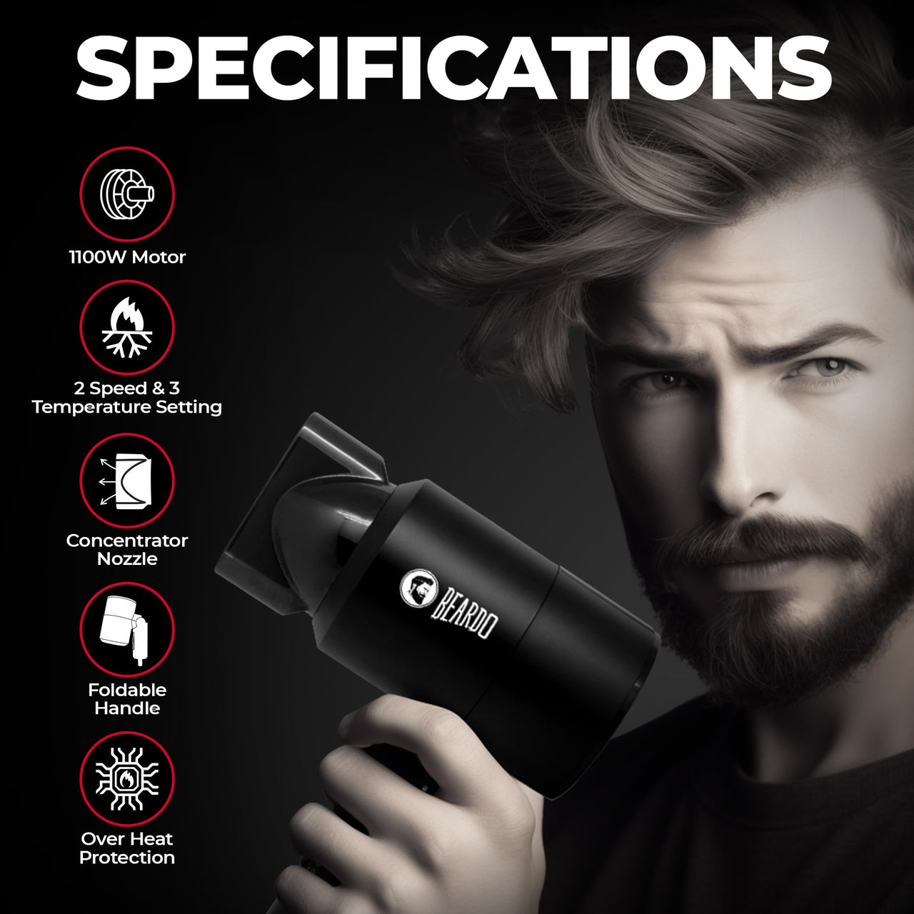 BEARDO Styling Gun Ultra Compact Hair Dryer | 1100 Watts Foldable Hair Dryer | 3 Heat 2 Speed Setting | Hair Dryer For Men | Travel Friendly | Stylish Matte Black Finish | Gift For Brother | Gift For Friends | Gift for Husband