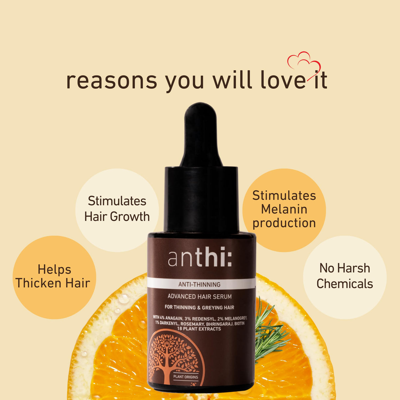 anthi: 3% Redensyl ,4% Anagain, 2% Melanogrey, 1% Darkenyl, Advanced Hair Serum Helps Hair Thickening, Helps Stimulate Hair Growth, Helpful for Grey Hair| With Rosemary, Bhringaraj, Amla, Biotin, 30 ml