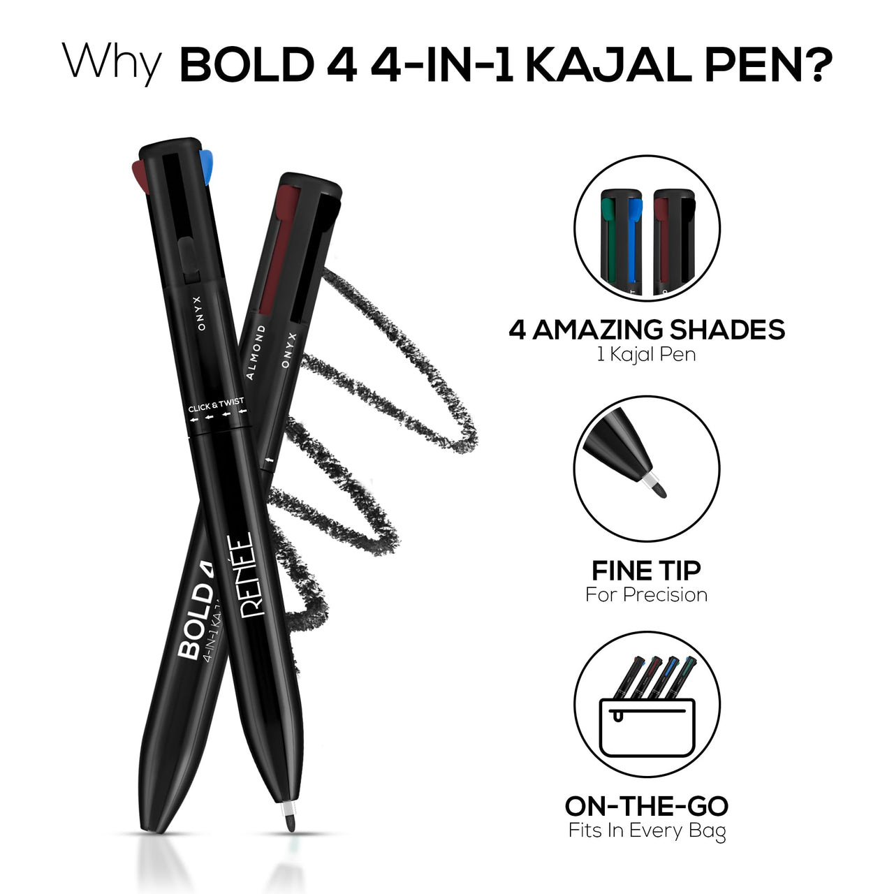 RENEE Bold 4-4-In-1 Kajal Pencil - Four Shades Black, Brown, Teal & Blue - Matte Finish, Rich Color Payoff, One-Stroke Application, Travel Friendly & Easy To Use