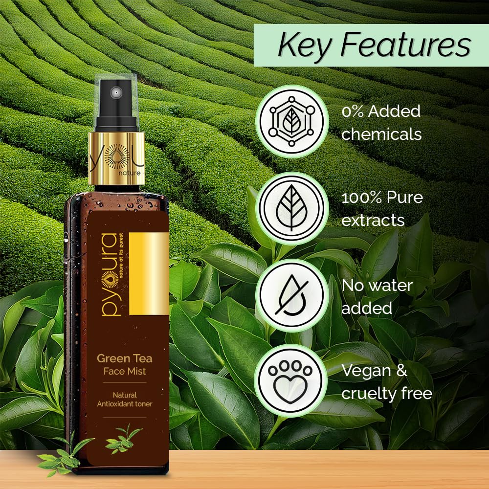PYOURA Natural Anti-oxidant Green Tea Toner Mist, Garden Fresh Toner For Youthful Skin, Helps Fight Skin Pathogens, Sun Protection, Hydrating Natural Face Serum, For Oily Dry Combination Skin, 100 ml