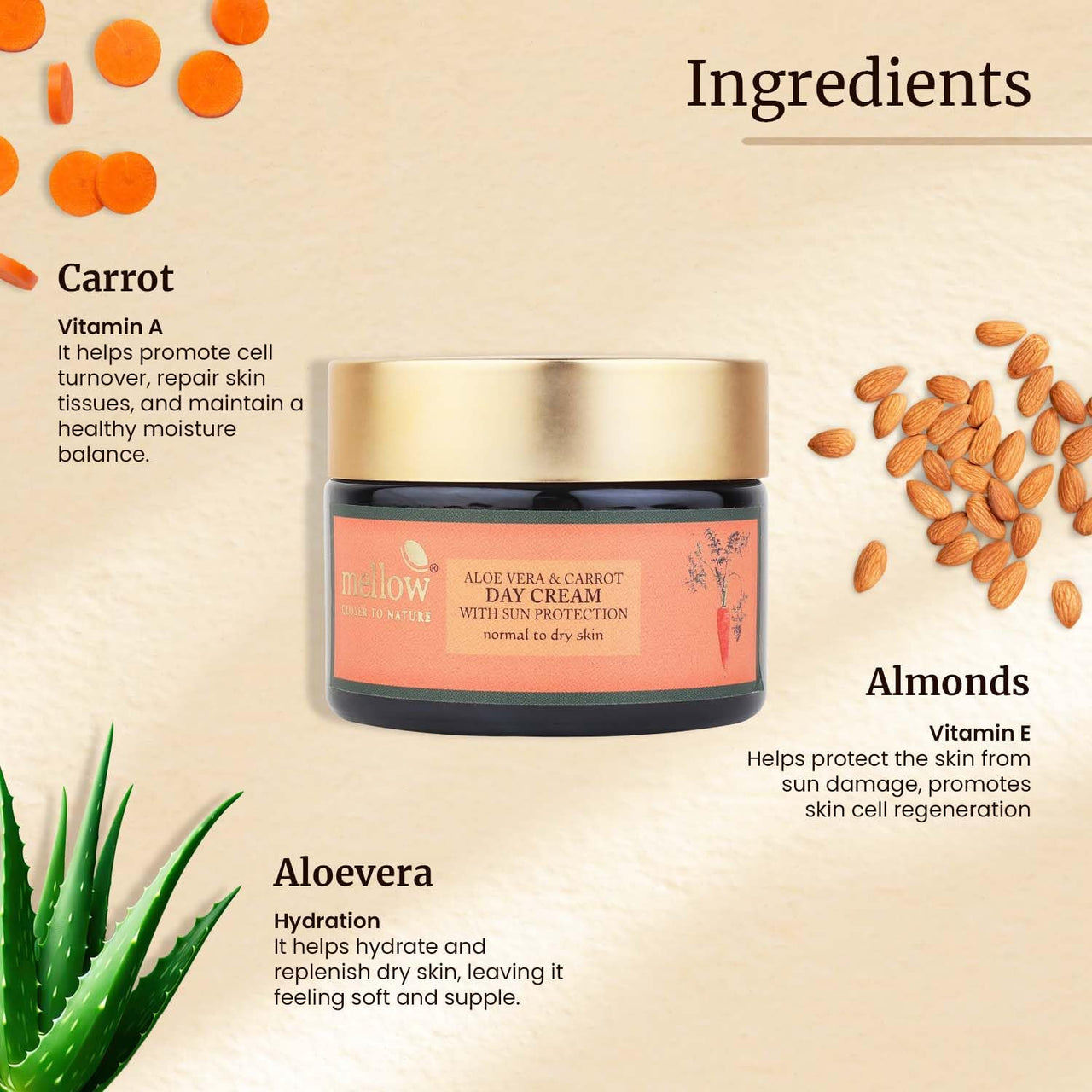 Mellow Herbal Face Cream with Aloe Vera & Carrot for Smooth, Silky & Healthy Skin, Lightweight Day Sunscreen Moisturizer for Normal to Dry Skins, Sun Protection from UVA & UVB Rays [50 Gm]