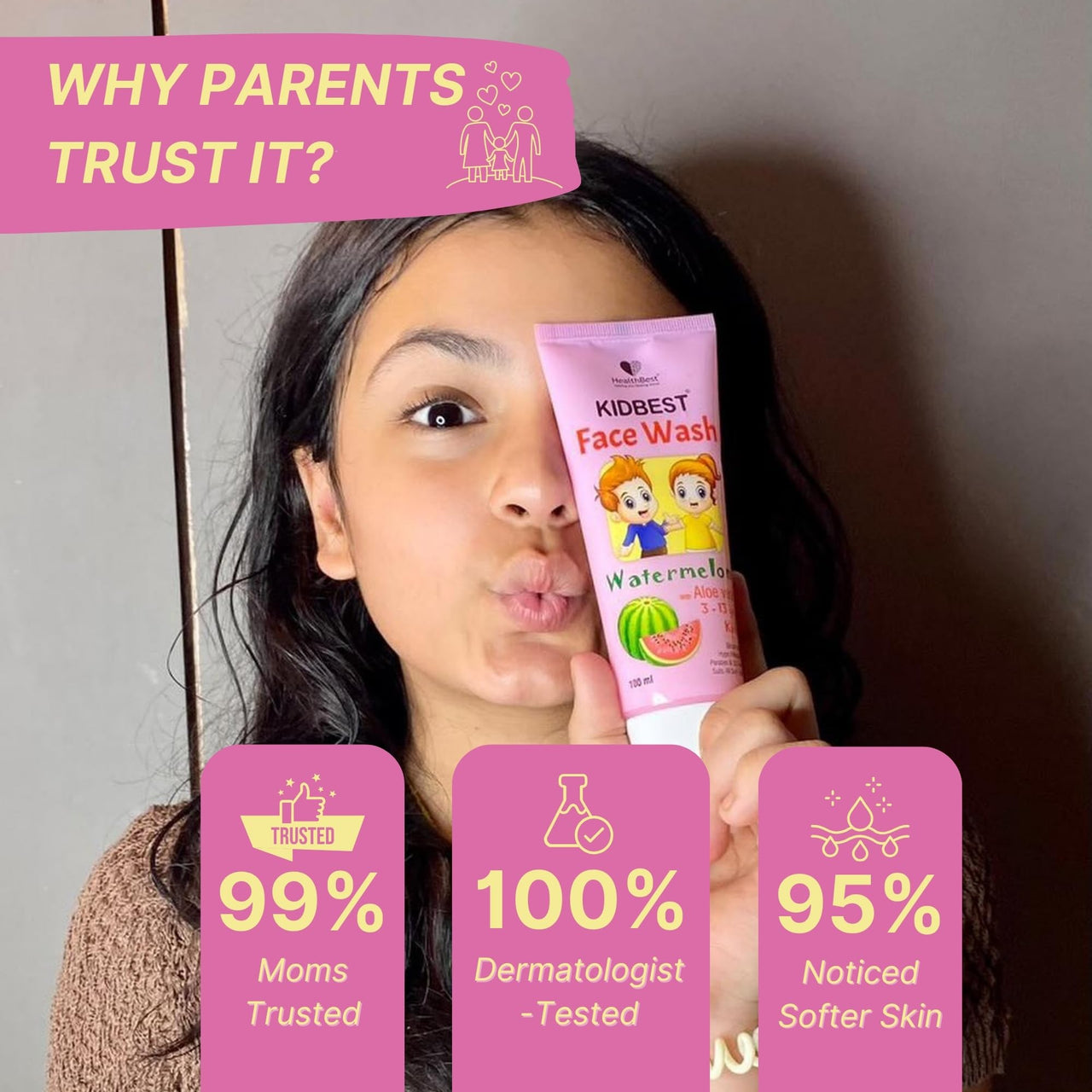 HealthBest Kidbest Face wash for 3-13 Years Kids | Normal Skin, Sensitive Skin & Dry Skin | Tear, Paraben, SLS free | Watermelon Flavor | 100ml (Pack of 2)