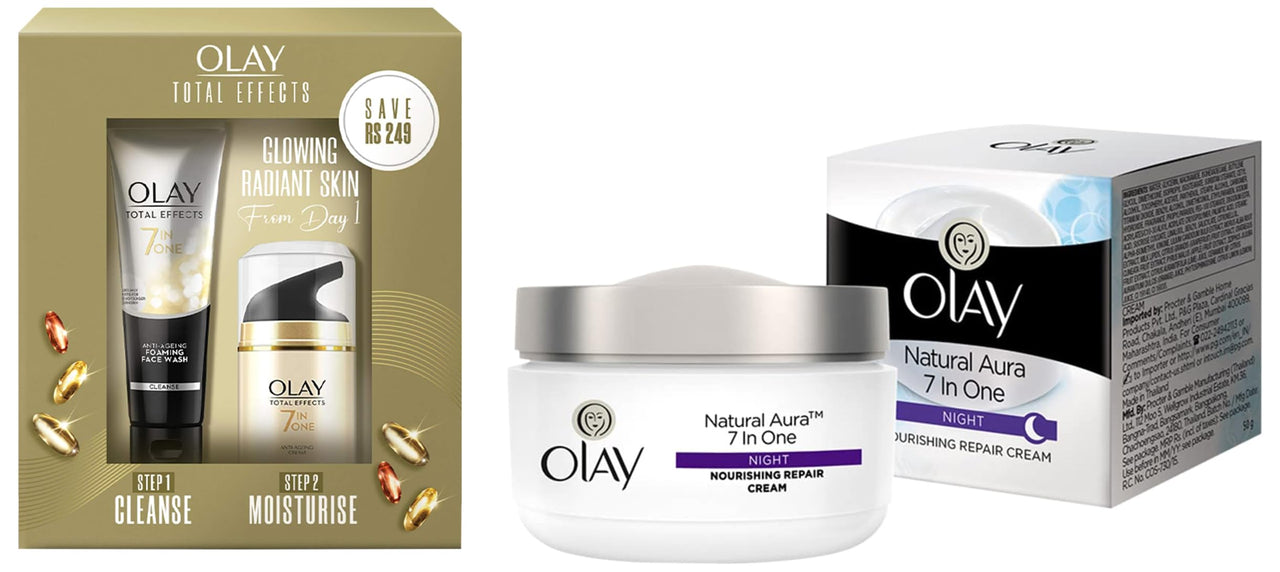 Olay Total Effect Day Cream (Spf 15), 50g & Cleanser Pack For Anti Ageing, 100g & Olay Night Cream Natural Aura Nourishing Repair Cream,50g