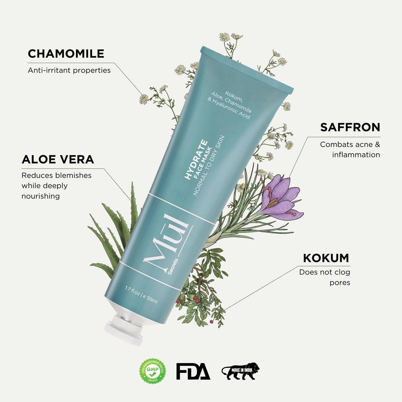 Mul Secrets 50 ml Hydrate Facemask & Scrub - Skin Hydration, Softening, Brightening & Plump Skin - Hyaluronic Acid, Chamomile & Saffron - 15+ Uses