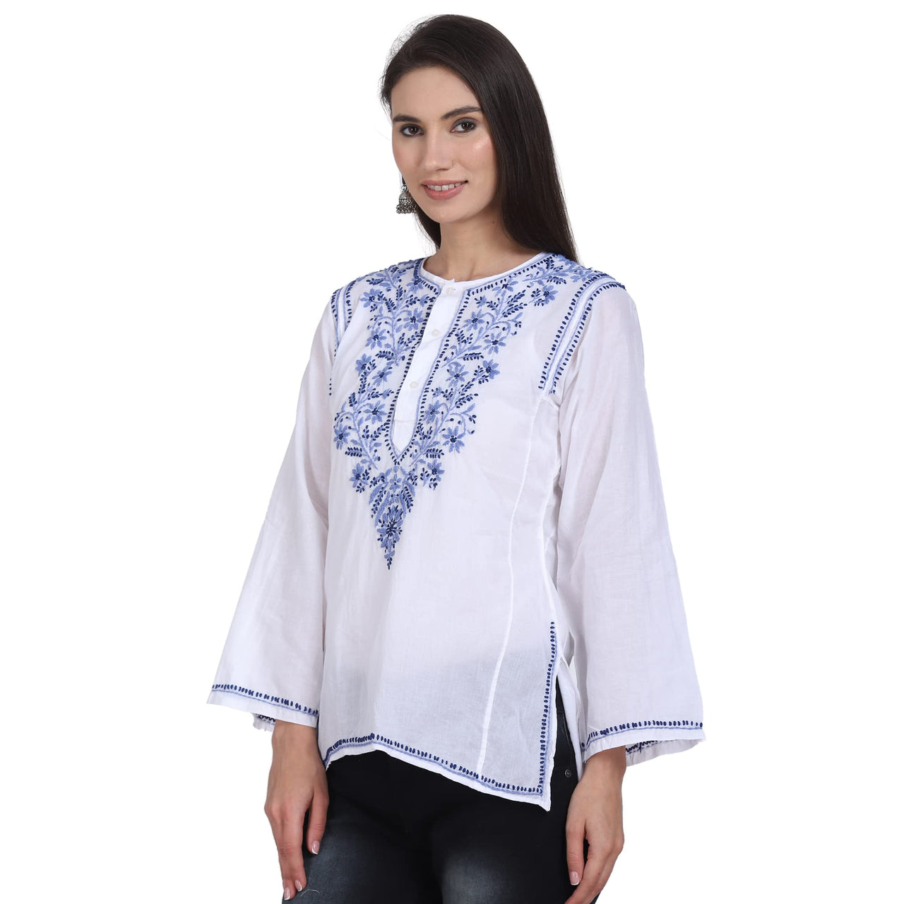 Paramount Women's  Chikankari Cotton White Straight Short Kurta Navy XS