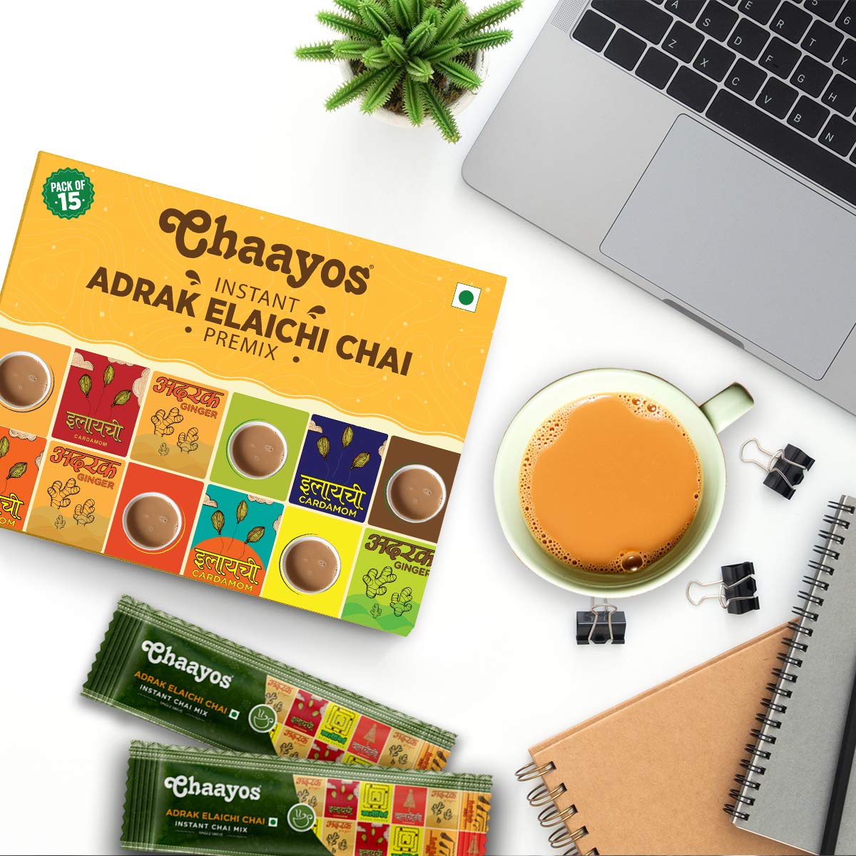 Chaayos Instant Tea Premix - Regular Sugar - Adrak Elaichi Chai (15 Sachets*22 gram=330 gram) | Ready Mix Assam Tea | Desi Chai | Flavoured Premix