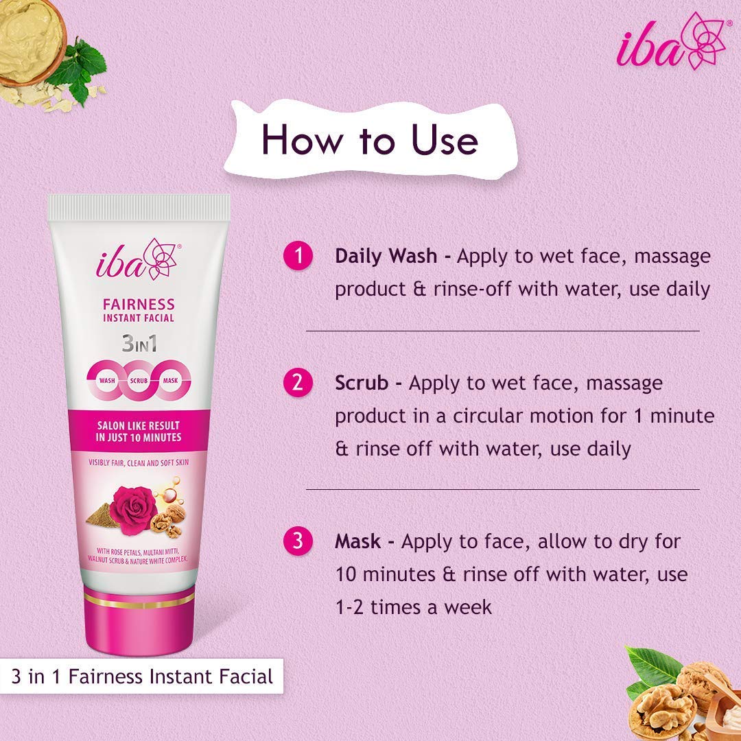 Iba 3in1 Wash, Scrub, Mask Fairness Instant Facial 100g with Rose Petals, Multani Mitti & Walnut For Scrub, Removes Tan, Fairness & Brightens Skin, Gives Instant Glow | Halal Certified & Vegan