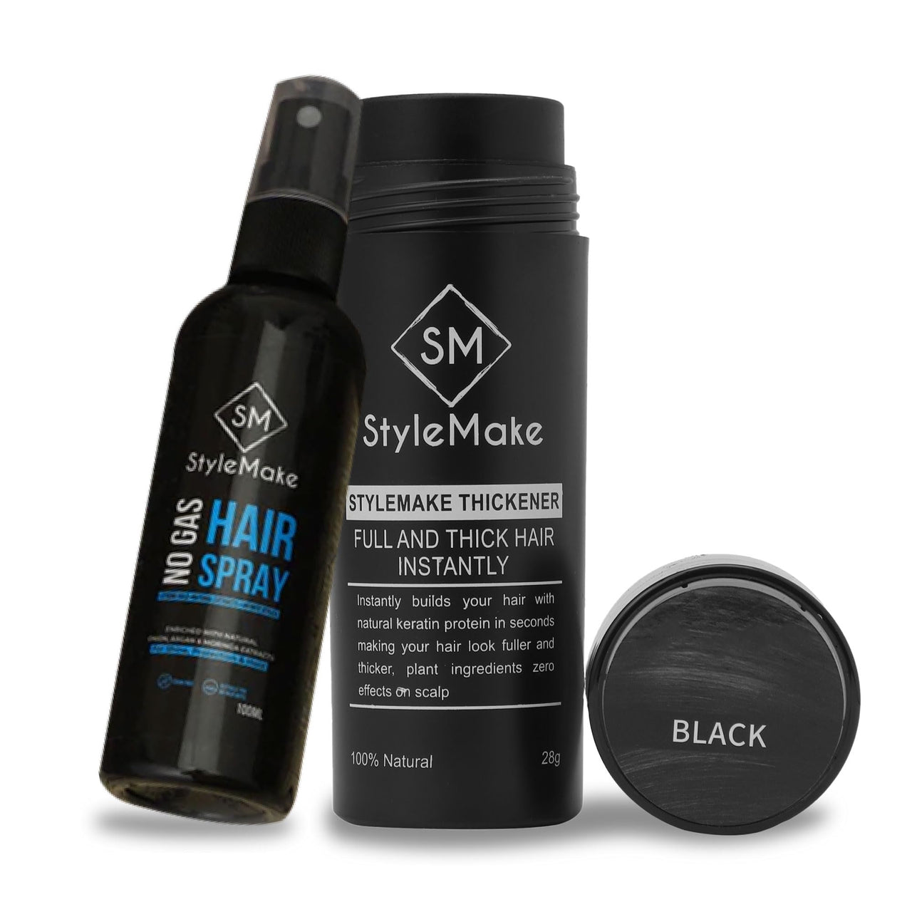 STYLEMAKE Hair Loss Concealer With Spray - Thickening Fibers for Thin & Fine Hair - Men & Women Combo Pack (Black) - 28 Grams