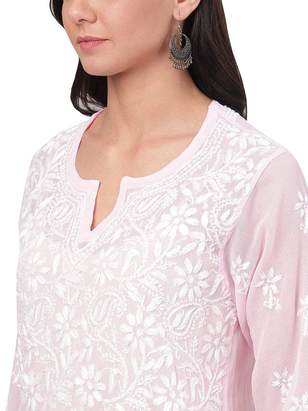 Ada Hand Embroidered Women's  Georgette Lucknowi Chikankari Kurta with Slip A90397 White