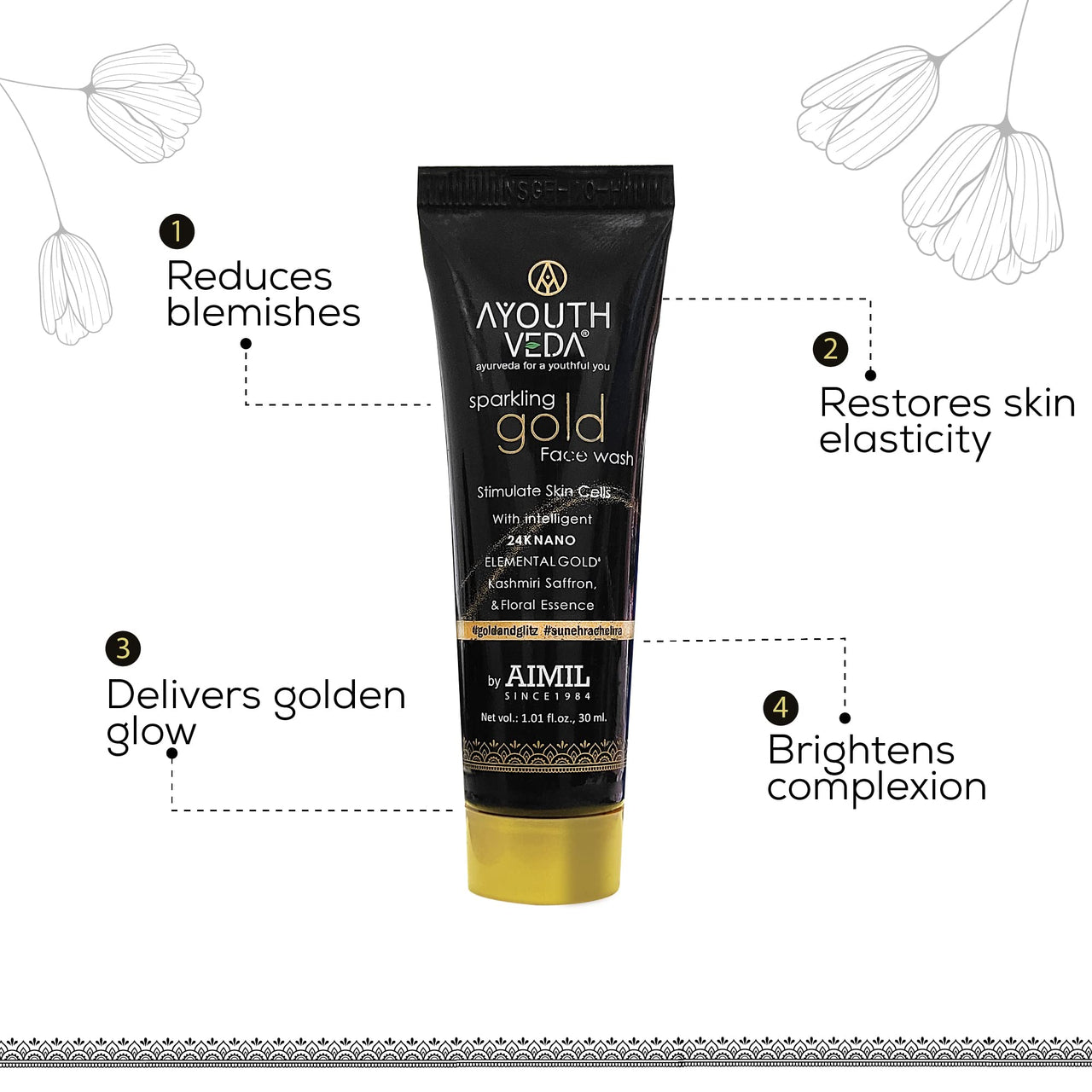 Ayouthveda Sparkling 30 ml Gold Face Wash With 24k Gold & Saffron | Face Wash for Glowing Skin Men and Women | Suitable for Normal & Dry Skin (Pack of 1, 30 Ml)