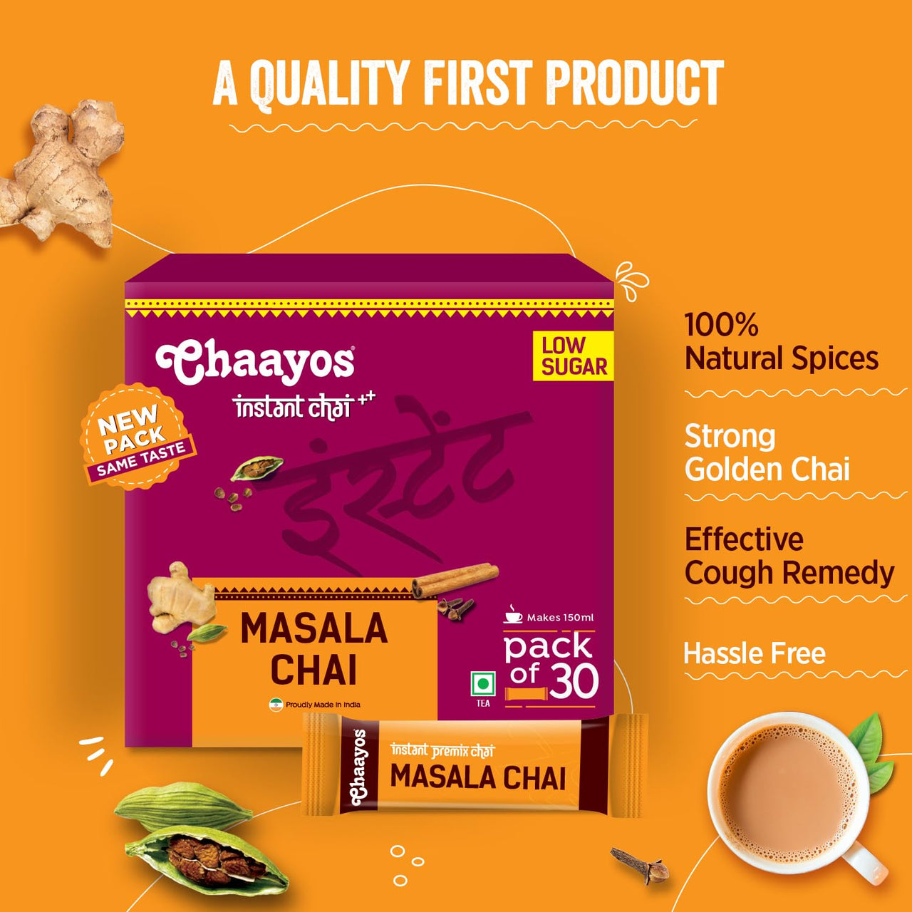 Chaayos Instant Tea Premix - Masala Flavour - Low Sugar (30 Sachets) | Masala Chai | Assam Tea | Flavored Tea Powder - 0.47 Kg
