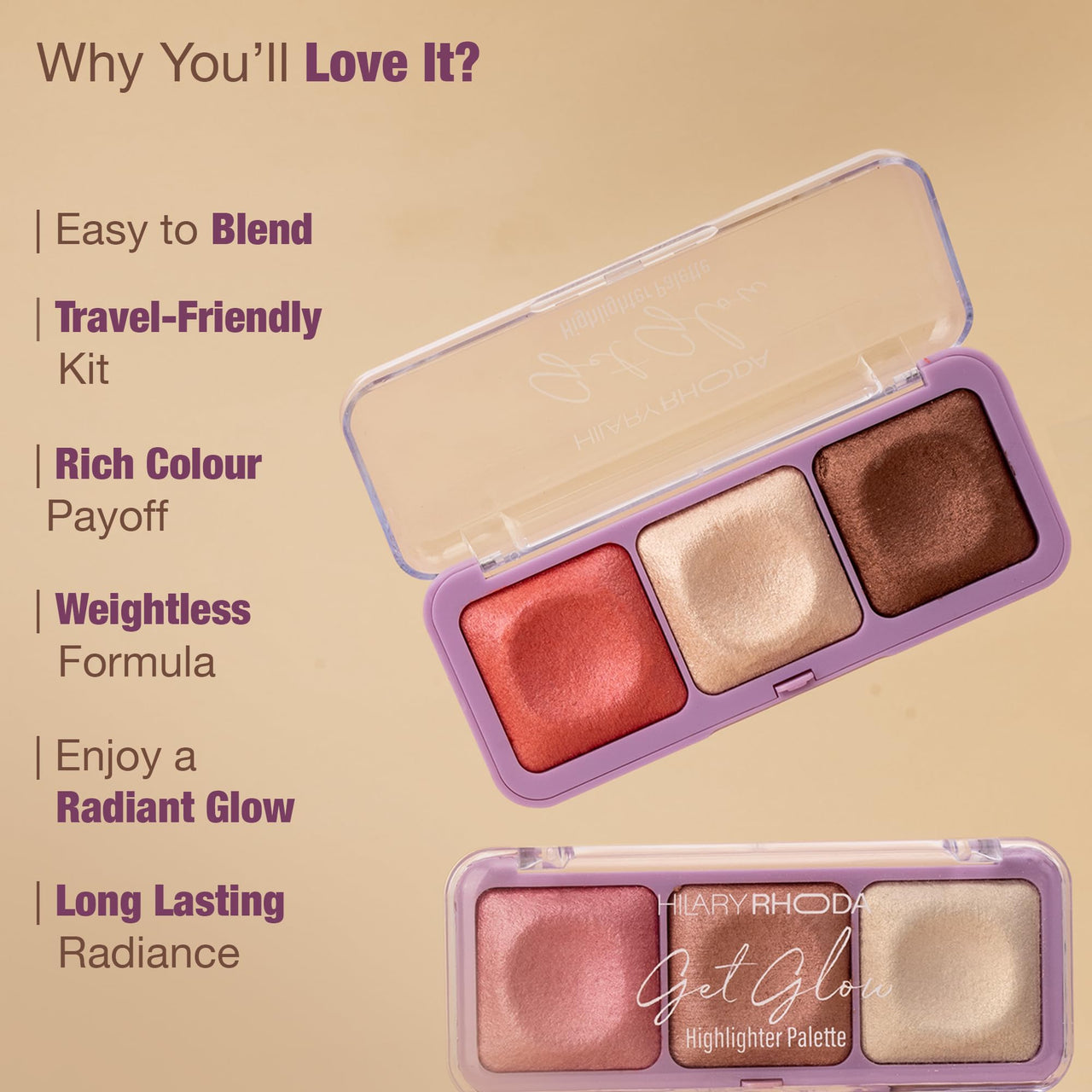 Hilary Rhoda Get Glow Highlighter Palette | Ultra Blendable & Long Lasting | Shimmer Finish & Illuminating Glow | Highly Pigmented & Easy To Blend Shades | 3 Shades in 1 Palette -15g (Shade - 04)