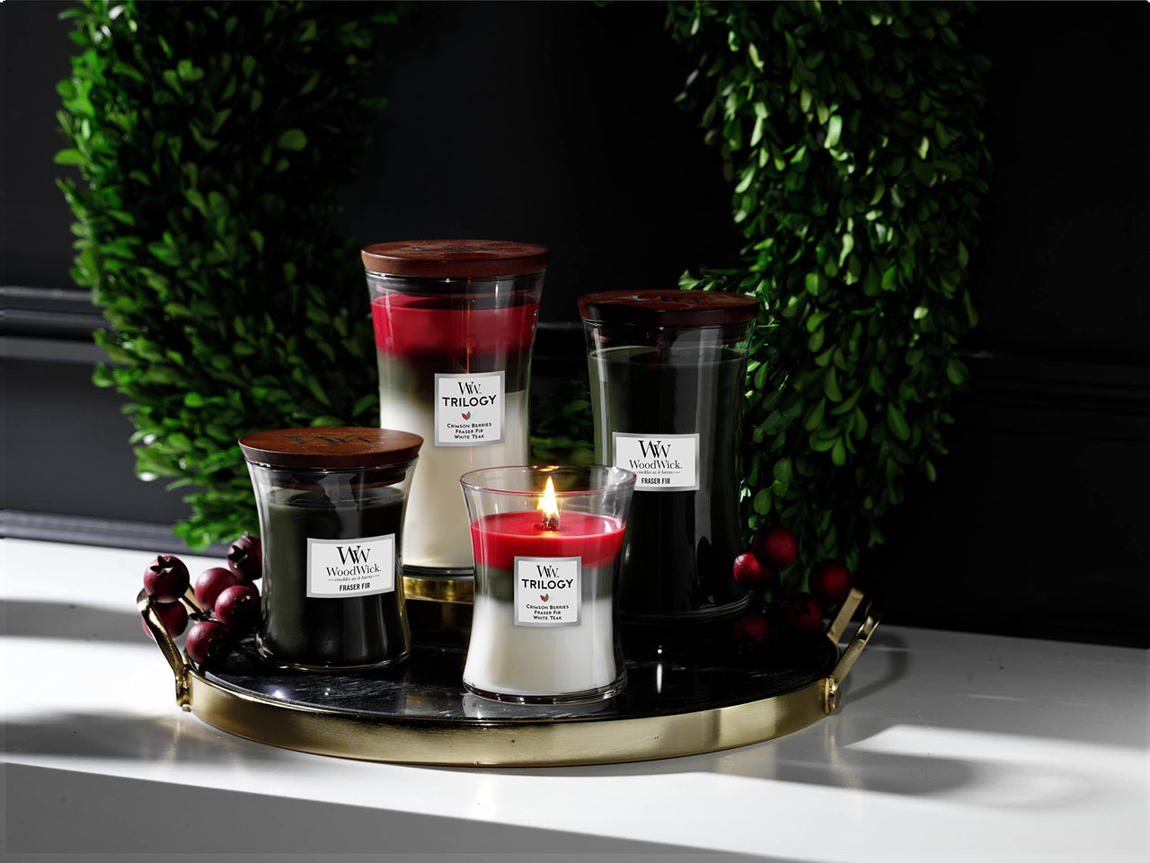 WoodWick Medium Hourglass Candle, Winter Garland - Premium Soy Blend Wax, Pluswick Innovation Wood Wick, Made in USA | Holiday Gifts for All WoodWick Medium - Triology