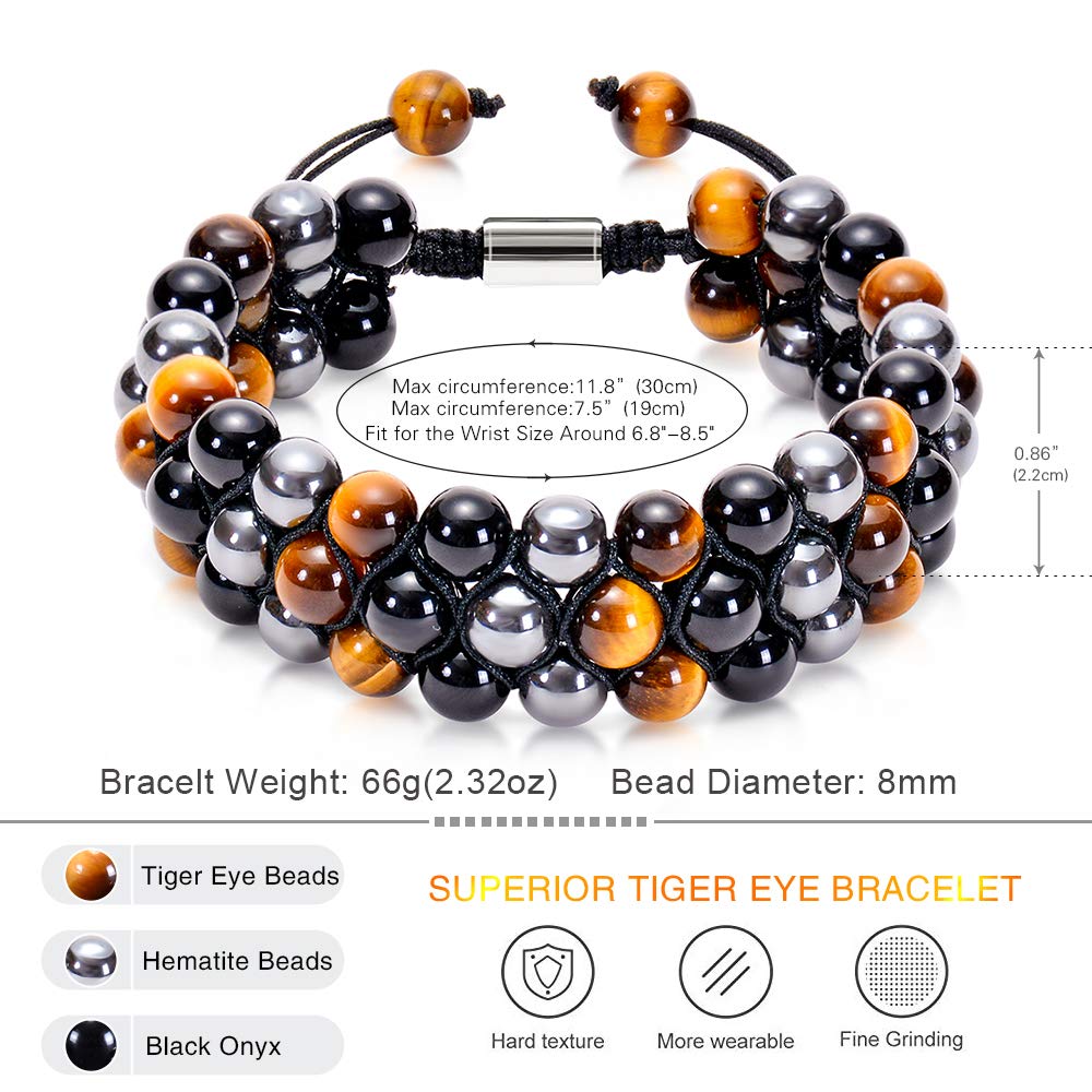 DHQH Triple Protection Bracelet Natural Black Obsidian Tigers Eye Hematite 8-10mm Beads Handmade Bracelet- Healing Crystal Bracelet Bring Luck Prosperity and Happiness F-Three-layer Bracelet
