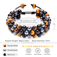 DHQH Triple Protection Bracelet Natural Black Obsidian Tigers Eye Hematite 8-10mm Beads Handmade Bracelet- Healing Crystal Bracelet Bring Luck Prosperity and Happiness F-Three-layer Bracelet