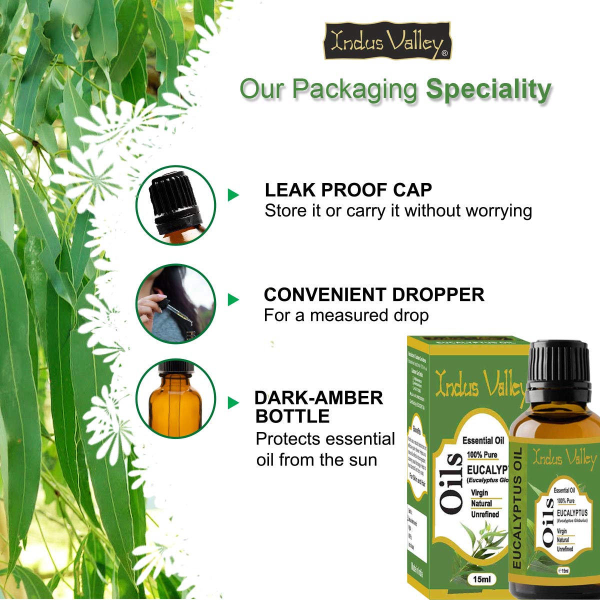 Indus Valley 100% Pure Natural & Organic, Undiluted Eucalyptus Essential Oil with Glass Dropper for Skin, Hair Care -15ml