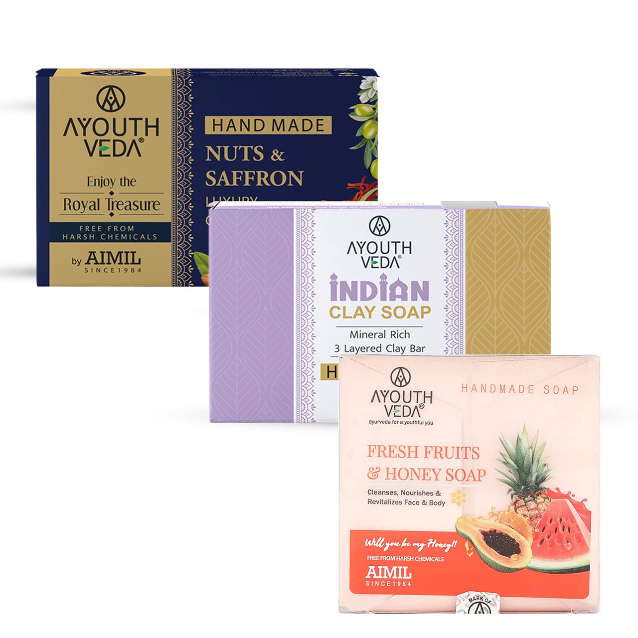 Ayouthveda 1 Nuts & Saffron Luxury Castile Soap, Saffron Soap(110g),Clay Soap, Clean Tone Revitalize Skin, Nourish, Protect & Hydrate Skin (110g), Fruit Honey Soap 110g